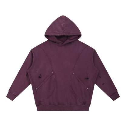 "RR" Snow Washed Distressed Panel Pocket Hoodie