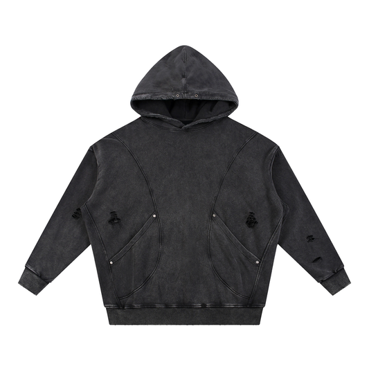 "RR" Snow Washed Distressed Panel Pocket Hoodie