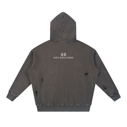 "RR" Snow Washed Distressed Panel Pocket Hoodie