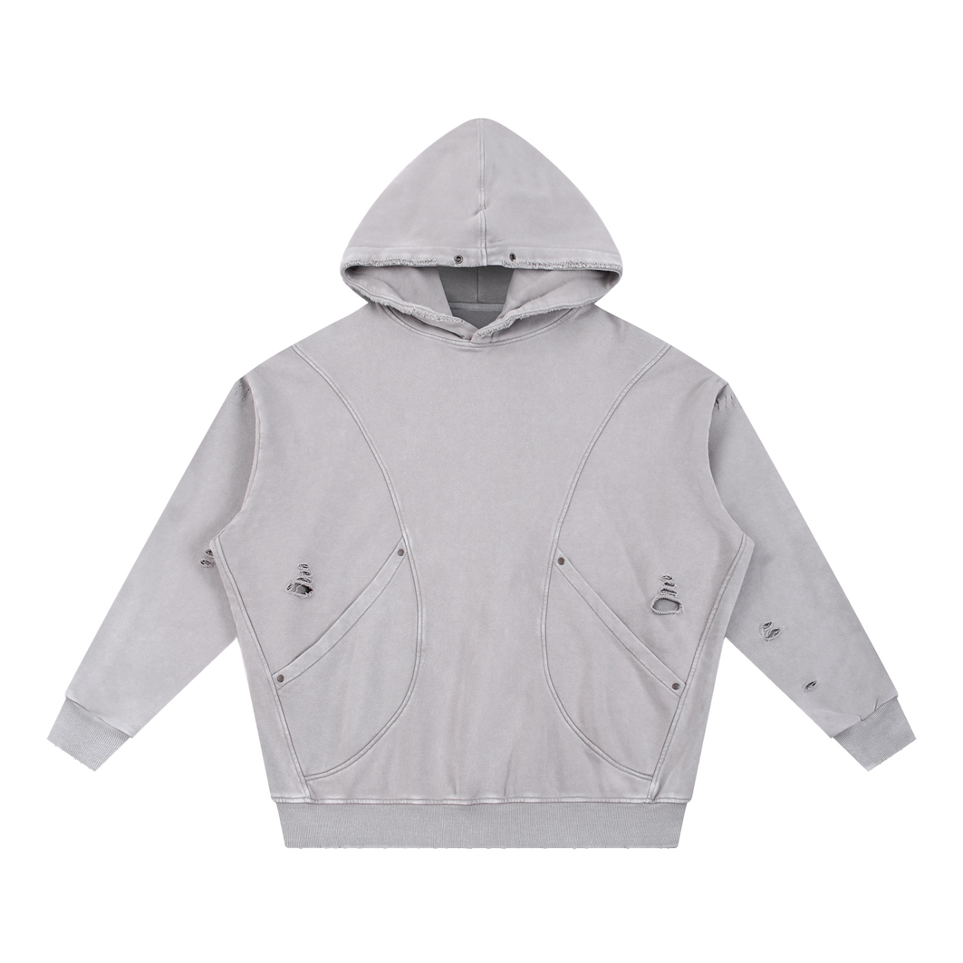 "RR" Snow Washed Distressed Panel Pocket Hoodie