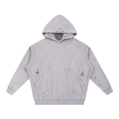 "RR" Snow Washed Distressed Panel Pocket Hoodie