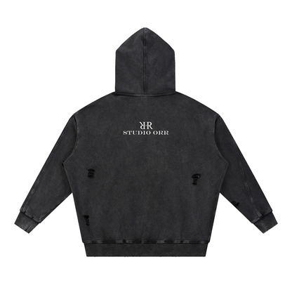 "RR" Snow Washed Distressed Panel Pocket Hoodie