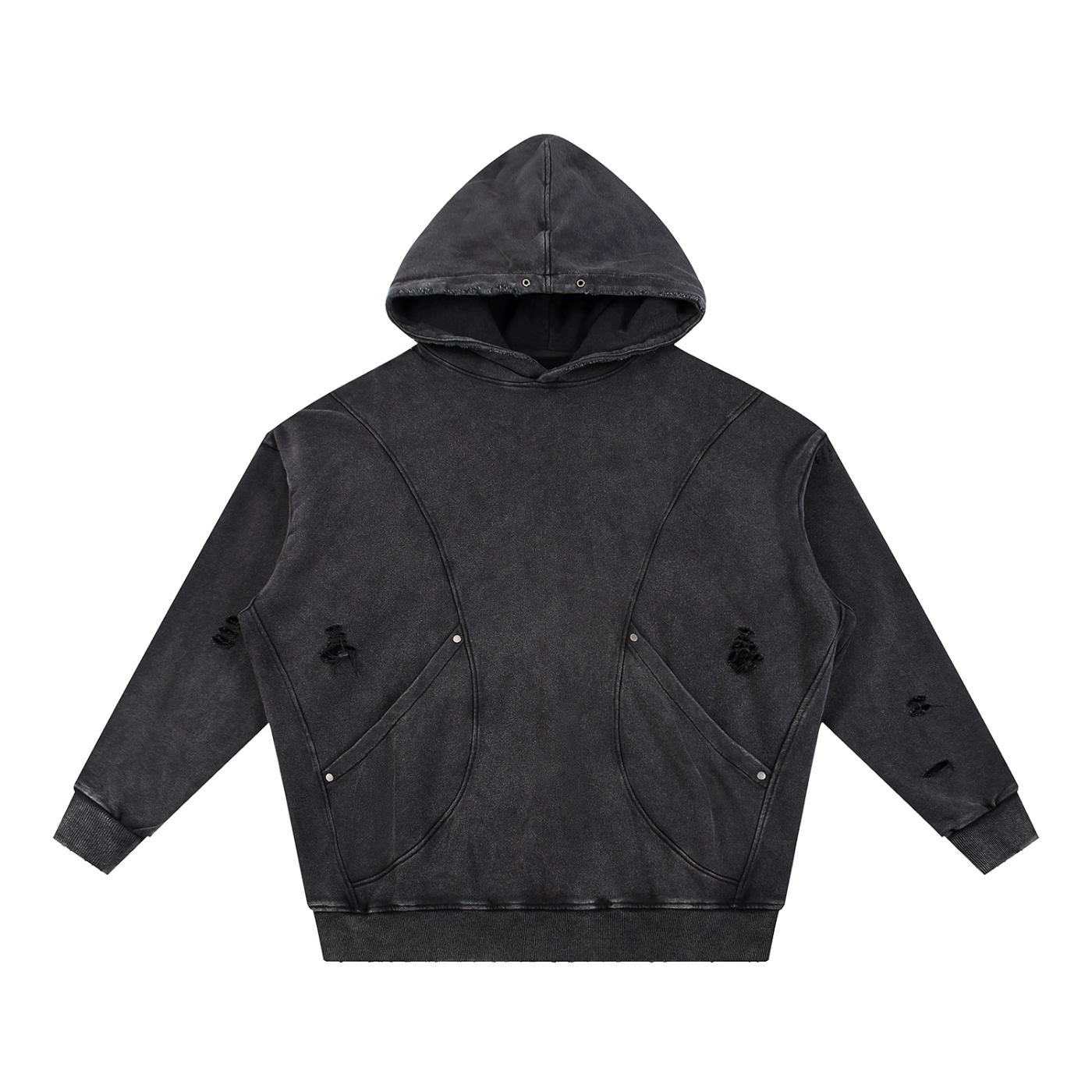 "RR" Snow Washed Distressed Panel Pocket Hoodie
