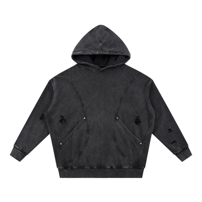"RR" Snow Washed Distressed Panel Pocket Hoodie