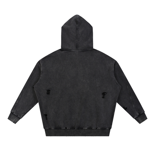 "RR" Snow Washed Distressed Panel Pocket Hoodie