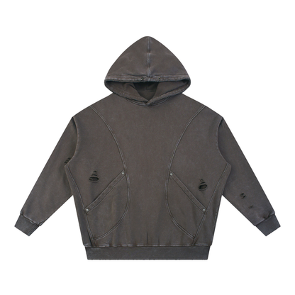 "RR" Snow Washed Distressed Panel Pocket Hoodie